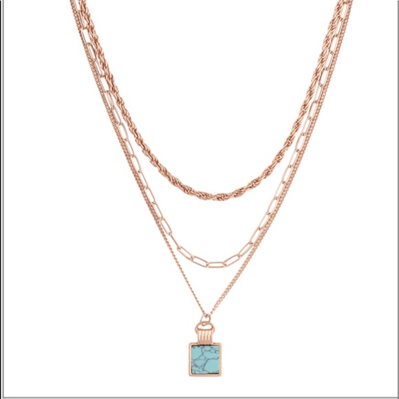TURQUOISE NATURAL STONE SQUARE PENDANT CHARM 3 LAYERED NECKLACE SET - MATTE GOLD - Picture 3 of 4